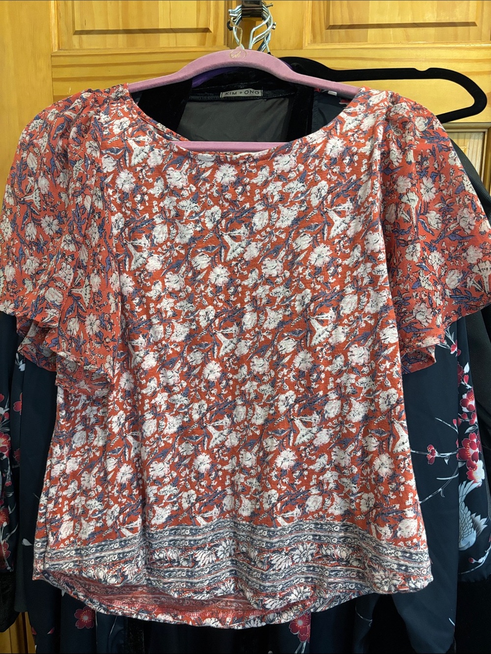 Lucky Brand Rust Floral Flutter Sleeve Blouse with Border Print